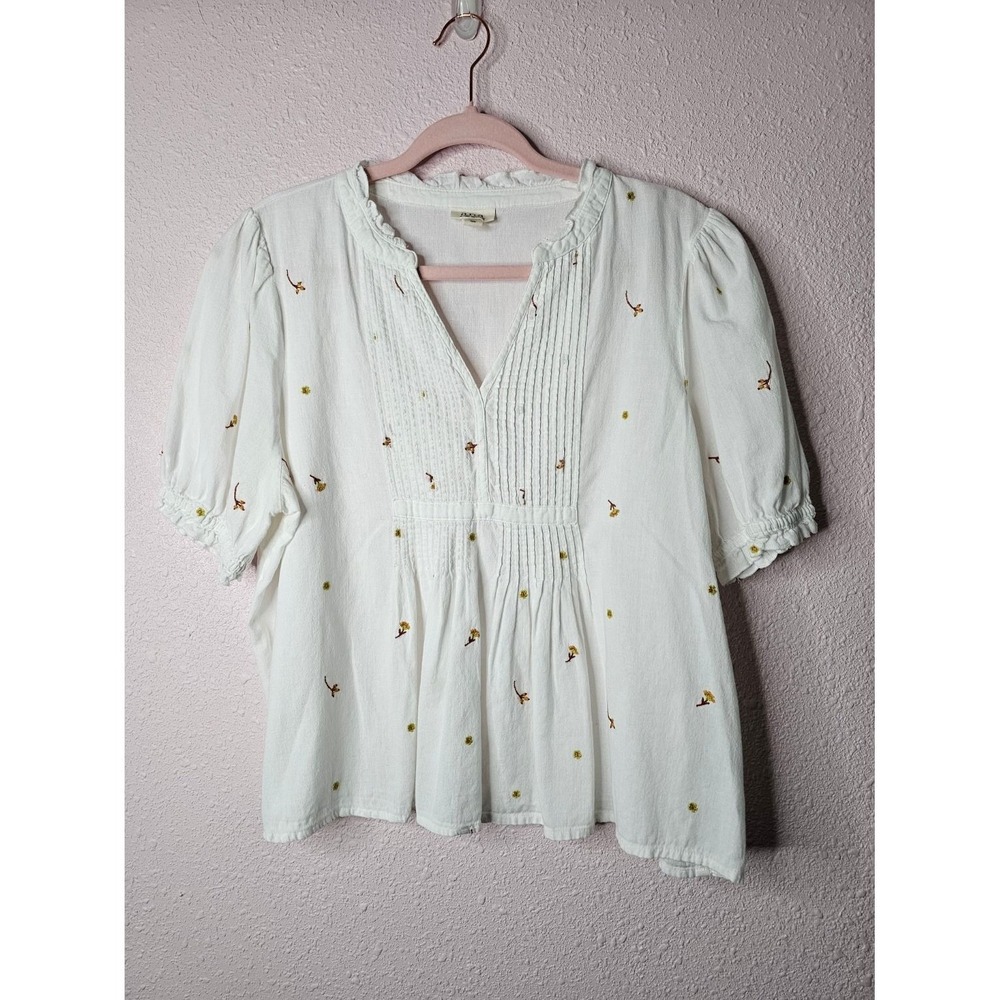 ana White Embroidered Floral Pintuck Blouse Large Cotton Linen Cottage Autumn